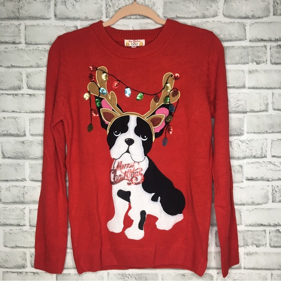 Merry Christmas by Poof Boston Terrier Sweater Size S - Picture 1 of 10
